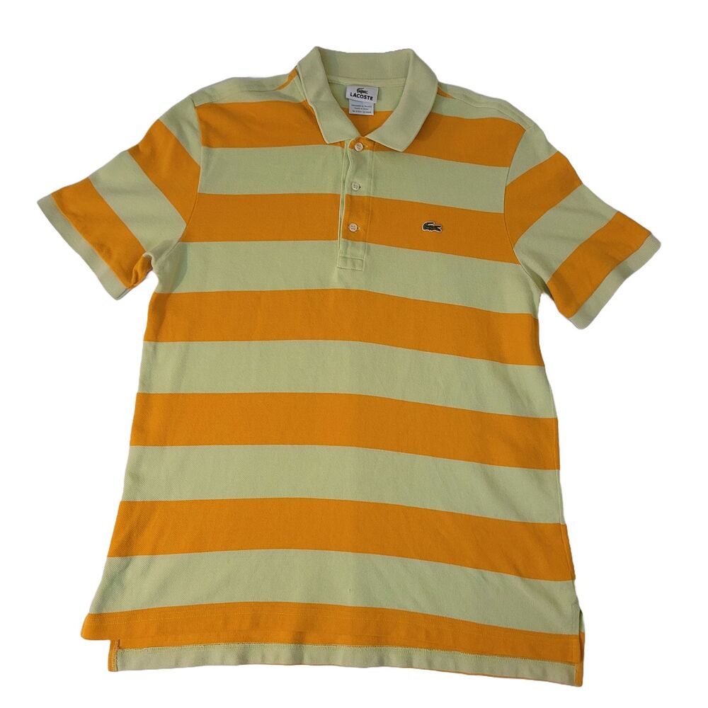 Lacoste Men's Striped Polo Shirt Green Orange Size 4 Medium Cotton Classic Fit